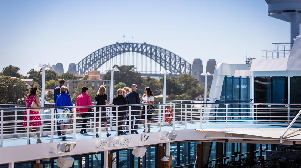 Oceania Cruises' Martine Nunes leads a group of agents around Insignia