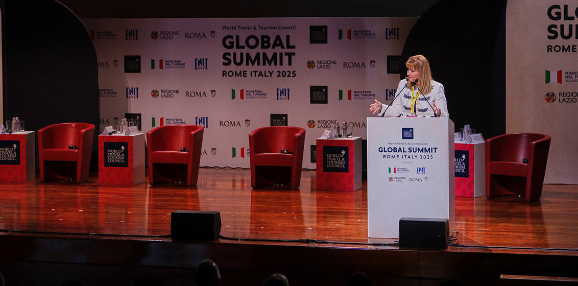 Gloria Guevara, speaking at the WTTC's Global Summit 2025